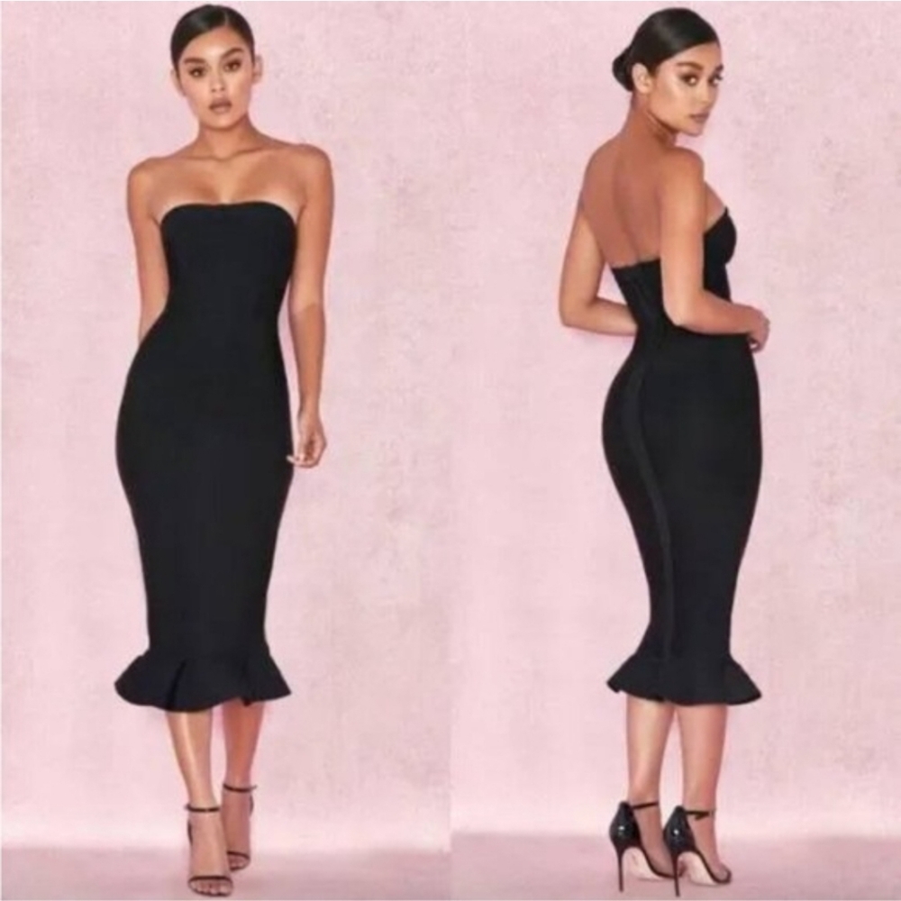 House of CB Fabrizia Black Bandage Strapless Fluted-Hem Dress XS